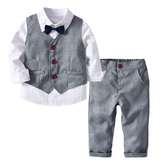 Boy's Grey Formal Tuxedo Suit Set with Long Sleeve Shirt