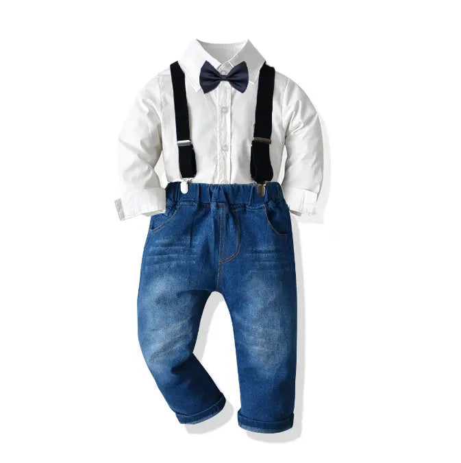 Boys' Navy White Formal Tuxedo Suit Set with Long Sleeve Shirt