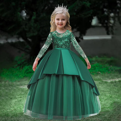 Girl's Green Lace Hollow Long Sleeve Dress