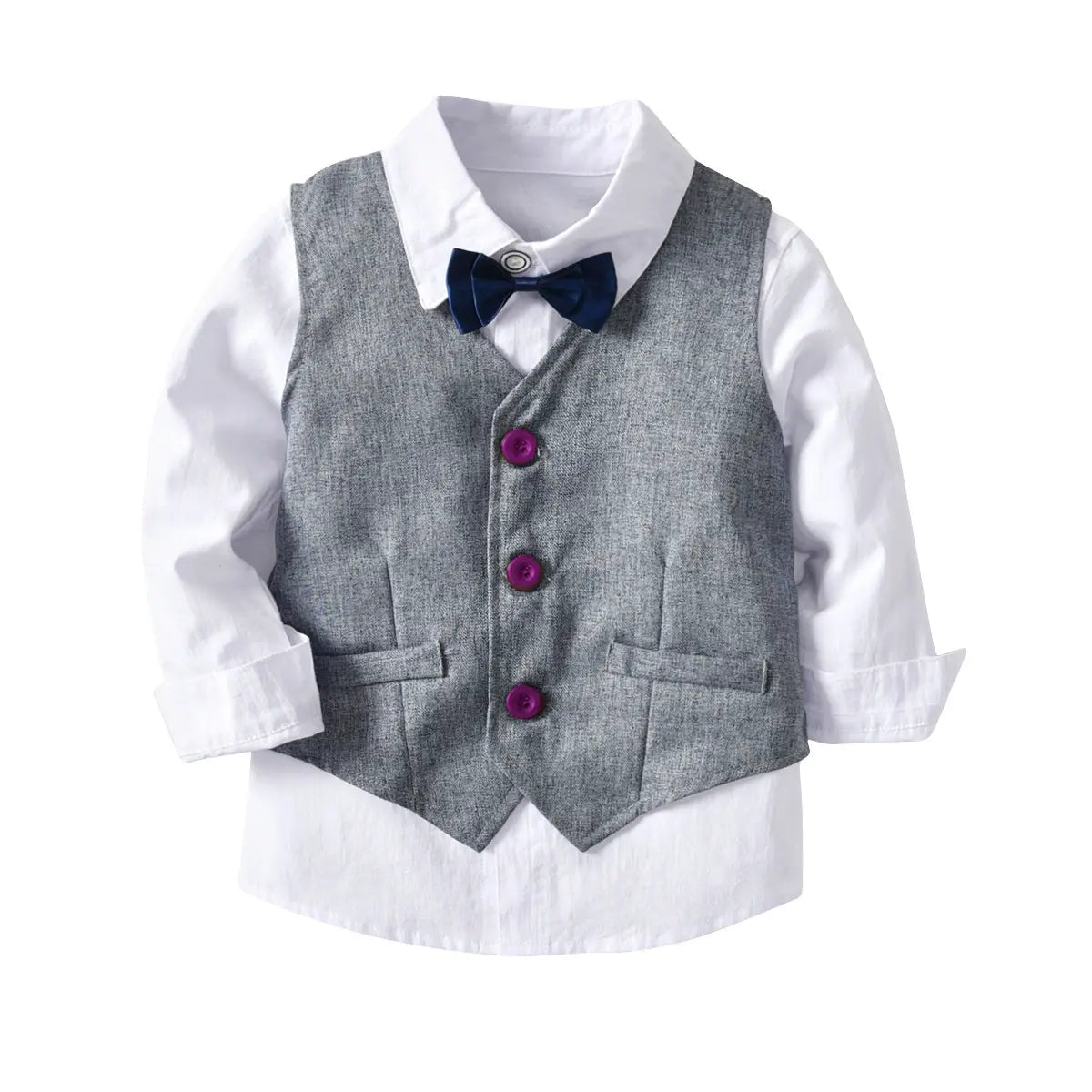 Boy's Grey Formal Tuxedo Suit Set with Long Sleeve Shirt