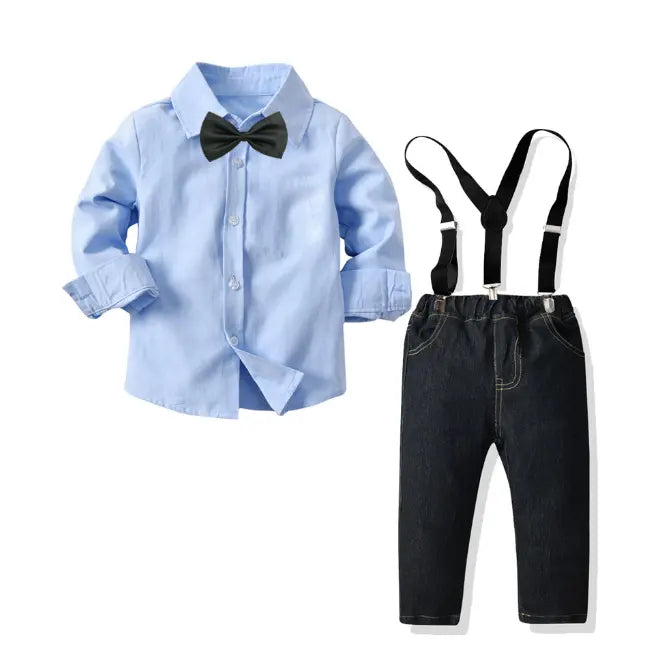 Boys' Navy White Formal Tuxedo Suit Set with Long Sleeve Shirt