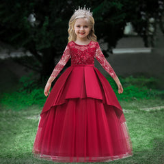 Girl's Red Lace Hollow Long Sleeve Dress